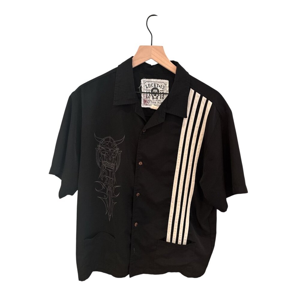 Lucky 13 Rockabilly Bowling Shirt Black White Pinstripe Devil Graphic USA Made L